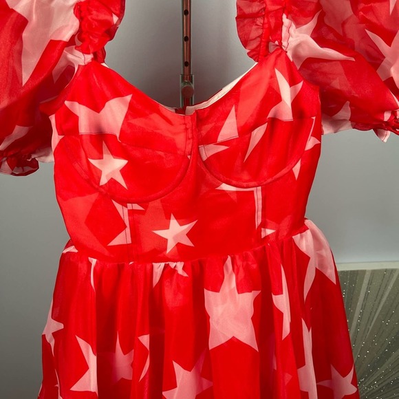 NWT Selkie Red and White Star Ritz Puff Sleeve Organza Maxi Gown Size Small - Picture 9 of 13